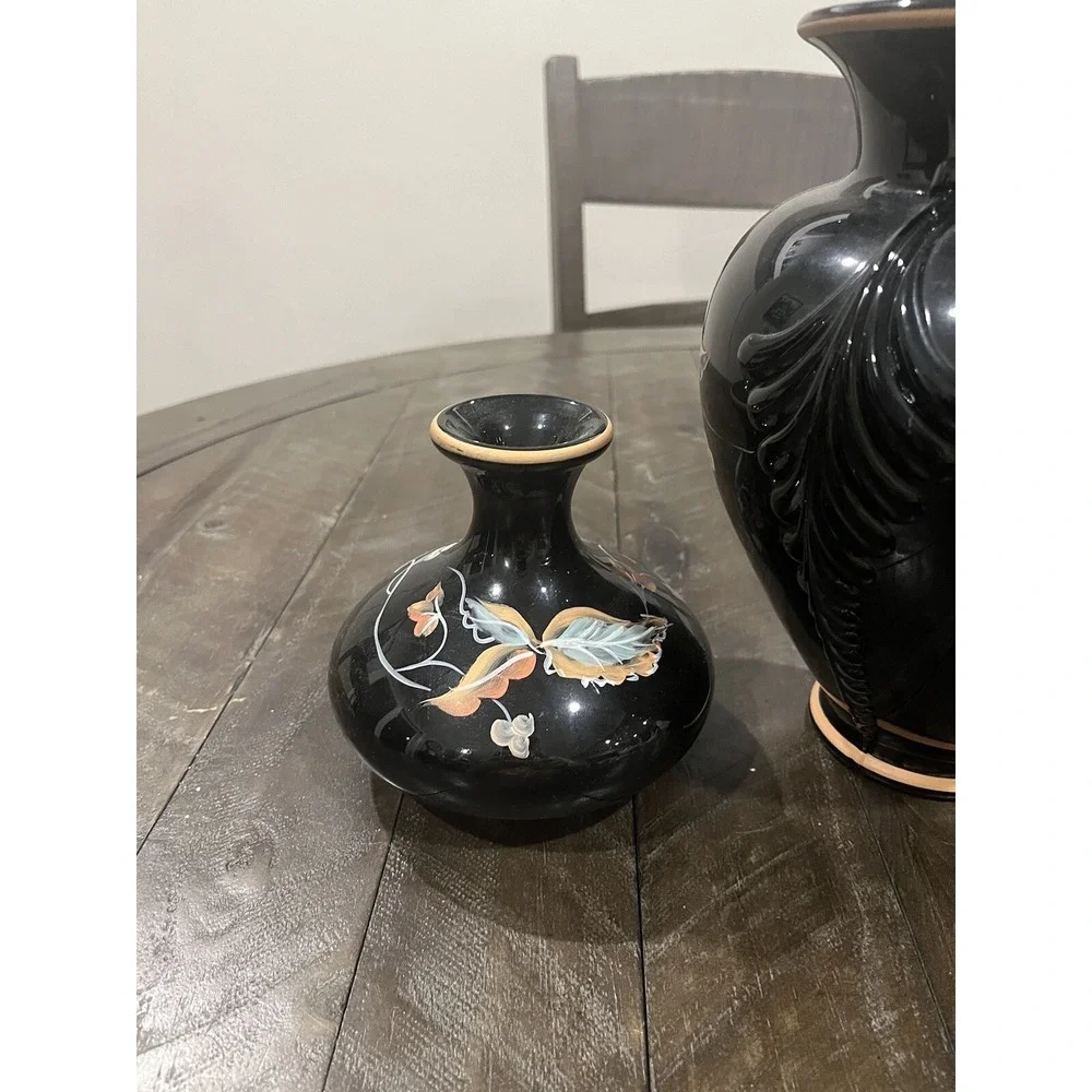 Fenton Autumn On Black Vase‎ Candle Holders Set Console Fall Leaves Hand Painted